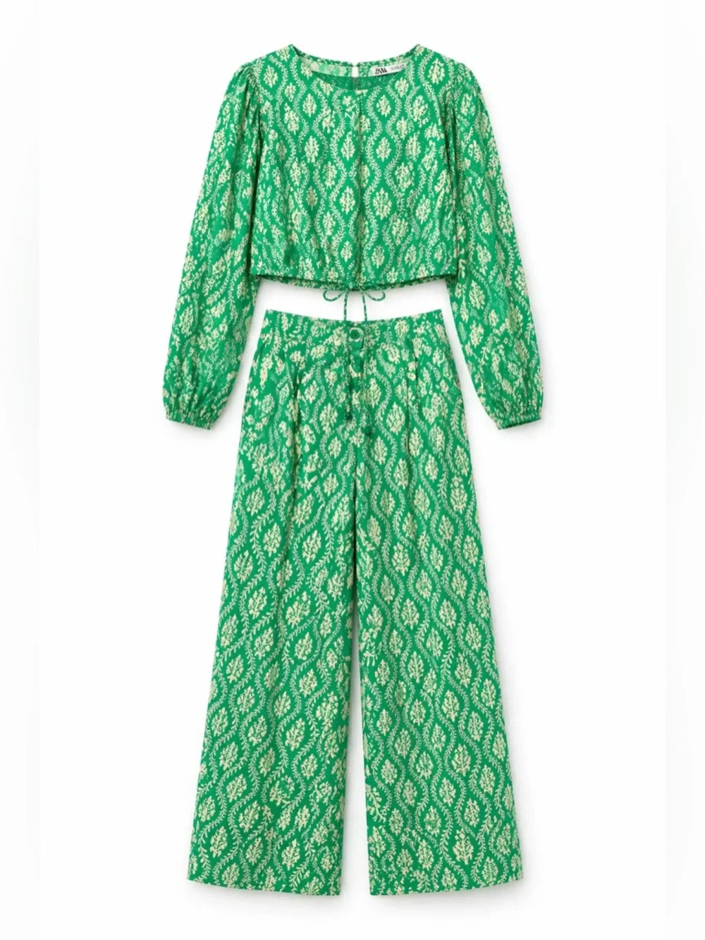Zara matching set green print crop blouse wide leg pants S resort chic - Picture 2 of 11